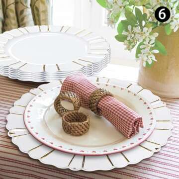 MAONAME 13" White Charger Plates, Antique Plate Chargers with Wipe Gold Waved Scalloped Rim, Plastic Chargers for Table Setting, Wedding decor, Set of 6