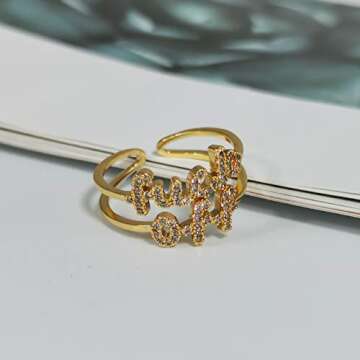 MOROTOLE Women Statement Letters Personalized Ring 18K Gold Plated Open Rings Hypoallergenic Cubic Z...