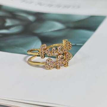 MOROTOLE Women Statement Letters Personalized Ring 18K Gold Plated Open Rings Hypoallergenic Cubic Zirconia Adjustable Rings for Womens