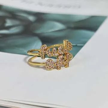 MOROTOLE Women Statement Letters Personalized Ring 18K Gold Plated Open Rings Hypoallergenic Cubic Zirconia Adjustable Rings for Womens