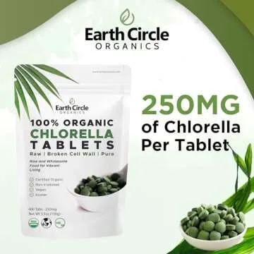 Organic Chlorella Tablets | Kosher | Potent Supplement, All-Natural Chlorophyll, Green Algae superfood, Broken Cell Wall | High in Protein & Iron, no additives, Vegan - 400 Tablets