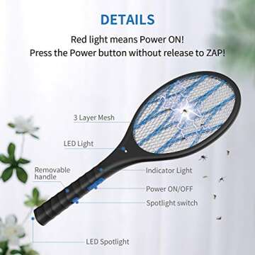INTELABE Bug Zapper, Mosquito Killer USB Rechargeable Electric Fly Swatter for Home, Outdoor, Powerful 4000V Grid, Detachable Flashlight, LED Light, Safe to Touch with 3-Layer Safety Mesh