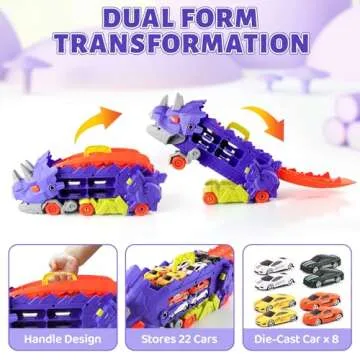 Funmission Dinosaur Toys for Kids 3-5 and Older, 9 in 1 Kids Toys Dinosaur Transport Toy Trucks with 8 Cars, Dinosaur Toys for Boys and Girls, Transforms Into Triceratops Toddler Boy Girl Toys Age 3+