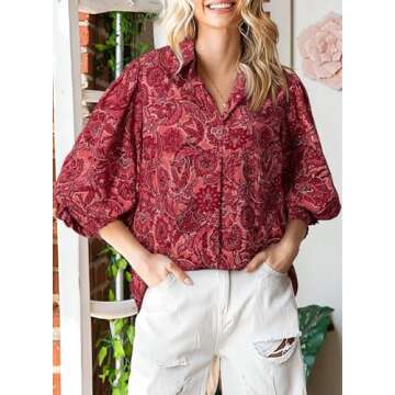 Astylish Ladies V-Neck Lightweight Blouses & Button-Down Shirts Party Paisley Print Pattern Cute Boh...