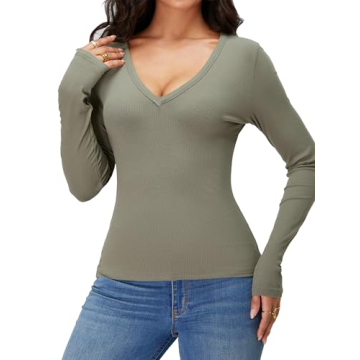 iGENJUN Women Long Sleeve V Neck Shirt - Comfort Meets Style in Army Green
