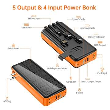 boogostore Portable Charger with Built in Cable and Wall Plug 30000mAh 22.5W Fast Charging Solar Power Bank with 5 Output & 2 Input Dual LED Flashlights Phone Holder External Battery Pack (Orange)