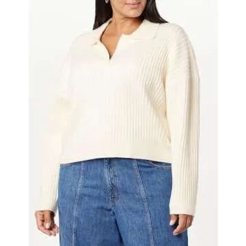The Drop Women's Marcy Ribbed Collar Relaxed Pullover, Ivory, M