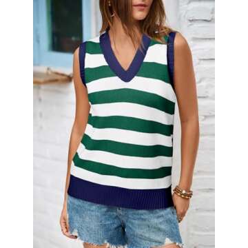 EVALESS Sweater Vest Women Spring Summer Outfits Casual V Neck Sleeveless Sweater Tops Loose Fit Sweater Tank Tops Knit Sweaters Women's Clothing Green Stripe Large