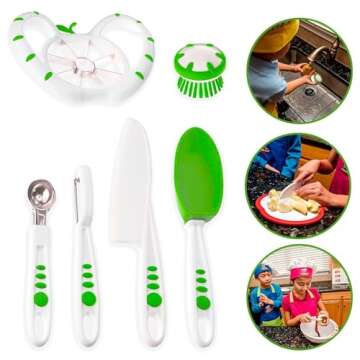 Curious Chef 6-Piece Fruit & Veggie Prep Kit for Kids, Dishwasher Safe Tools, Made with BPA-Free Plastic, Includes Real Utensils - Scrubber, Melon Baller, Knife, Apple Slicer, Silicone Spoon & Peeler