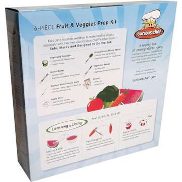 Curious Chef 6-Piece Fruit & Veggie Prep Kit for Kids, Dishwasher Safe Tools, Made with BPA-Free Plastic, Includes Real Utensils - Scrubber, Melon Baller, Knife, Apple Slicer, Silicone Spoon & Peeler