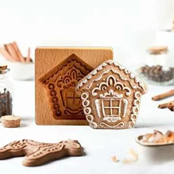 Wooden Cookie Molds, Carved Wooden Biscuit Mold Baking Cookie Mold Wooden Kitchen Cookie Cutter Embossing Press Stamp Molds Gingerbread Mold DIY Cookie Stamp (House)