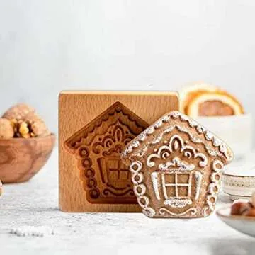 Wooden Cookie Molds, Carved Wooden Biscuit Mold Baking Cookie Mold Wooden Kitchen Cookie Cutter Embossing Press Stamp Molds Gingerbread Mold DIY Cookie Stamp (House)