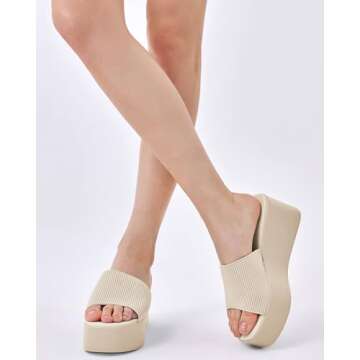 Coutgo Womens Platform Slides Sandals Square Open Toe Slip On Elastic Band Casual Lightweight Wedge Shoes, Khaki, Size 7