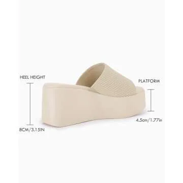 Coutgo Womens Platform Slides Sandals Square Open Toe Slip On Elastic Band Casual Lightweight Wedge Shoes, Khaki, Size 7