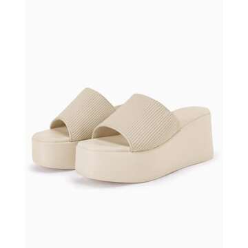 Coutgo Womens Platform Slides Sandals Square Open Toe Slip On Elastic Band Casual Lightweight Wedge Shoes, Khaki, Size 7