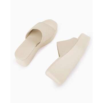 Coutgo Womens Platform Slides Sandals Square Open Toe Slip On Elastic Band Casual Lightweight Wedge Shoes, Khaki, Size 7