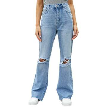 VIPONES Women Ripped Boyfriend Jeans Distressed Denim Ankle Length Straight Wide Leg Casual High Waisted (262, 4)