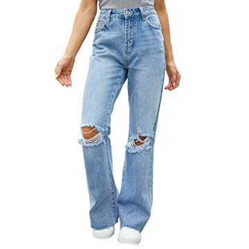 VIPONES Women Ripped Boyfriend Jeans Distressed Denim Ankle Length Straight Wide Leg Casual High Waisted (262, 4)