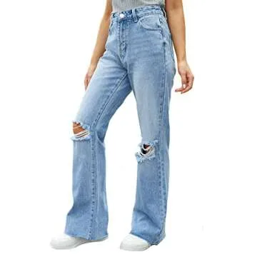 VIPONES Women Ripped Boyfriend Jeans Distressed Denim Ankle Length Straight Wide Leg Casual High Waisted (262, 4)