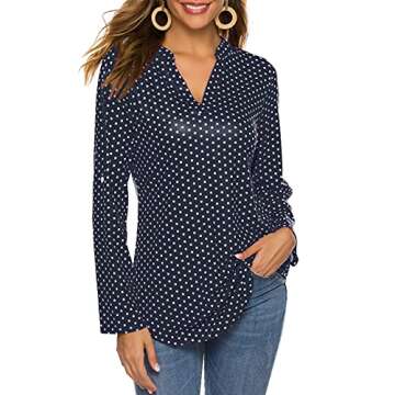 Halife Blouses for Women, V-Neck Long Sleeve Casual T-Shirt Tops Blouse Office Wear Navy Blue M