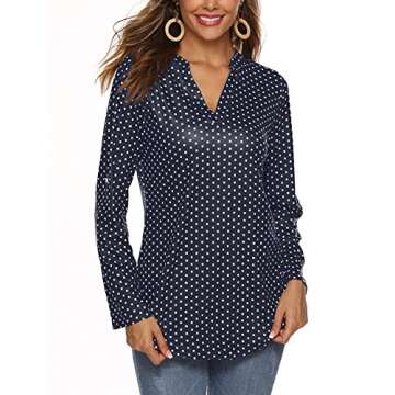 Halife Blouses for Women, V-Neck Long Sleeve Casual T-Shirt Tops Blouse Office Wear Navy Blue M