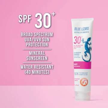 BLUE LIZARD Baby Mineral Sunscreen with Zinc Oxide, SPF 30+, Water Resistant, UVA/UVB Protection with Smart Bottle Technology - Fragrance Free, 5 oz Tube