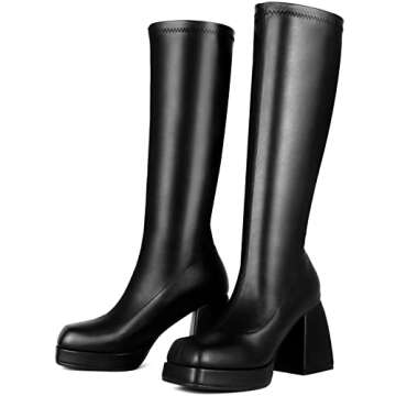 STALOV Black Knee High Boots for women Square Toe Platform Gogo Boots of the 70s Square Toe Chunky Block Heel Pull-on Stretch Tall Boots