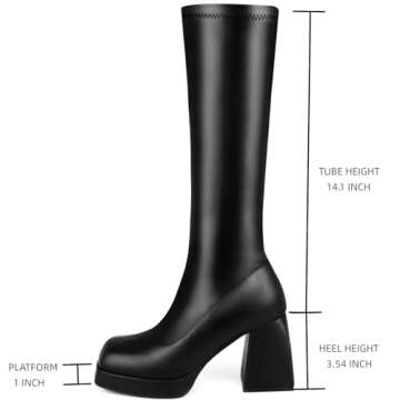 STALOV Black Knee High Boots for women Square Toe Platform Gogo Boots of the 70s Square Toe Chunky Block Heel Pull-on Stretch Tall Boots