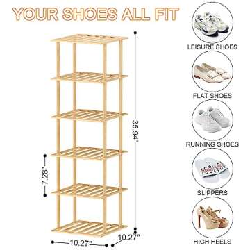 Bamboo Shoe Rack - Vertical Shoe Rack for Small Spaces, Skinny Shoe Shelf Space Saving Storage, Tall...