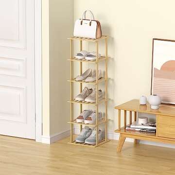 Bamboo Shoe Rack - Vertical Shoe Rack for Small Spaces, Skinny Shoe Shelf Space Saving Storage, Tall Vertical Narrow Shoe Rack for Front Door Entrance Closet Corner Garage