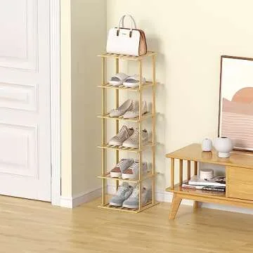 Bamboo Shoe Rack - Vertical Shoe Rack for Small Spaces, Skinny Shoe Shelf Space Saving Storage, Tall Vertical Narrow Shoe Rack for Front Door Entrance Closet Corner Garage