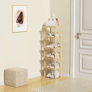 Bamboo Shoe Rack - Vertical Shoe Rack for Small Spaces, Skinny Shoe Shelf Space Saving Storage, Tall Vertical Narrow Shoe Rack for Front Door Entrance Closet Corner Garage