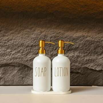 MOMEEMO Bathroom Soap Dispenser Set, Glass Soap Dispenser with Stainless Steel Pump, Contains Lotion Dispenser, Hand Soap Dispenser & Tray Suitable for Bathroom Decor Sets. (White)