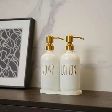 MOMEEMO Bathroom Soap Dispenser Set, Glass Soap Dispenser with Stainless Steel Pump, Contains Lotion Dispenser, Hand Soap Dispenser & Tray Suitable for Bathroom Decor Sets. (White)