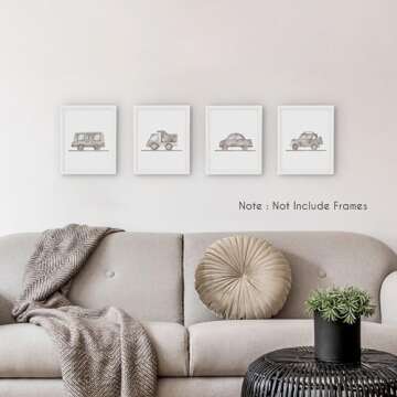 HRQKO Neutral Boys Cars Wall Art Poster Prints Set of 4, Boys Room Wall Decor, Grey Vehicle Artwork ...