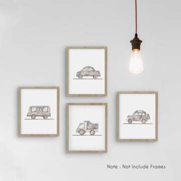 HRQKO Neutral Boys Cars Wall Art Poster Prints Set of 4, Boys Room Wall Decor, Grey Vehicle Artwork Printing Posters Wall Decor, Retro Transportation Prints for Toddler Room Playroom 8”x10” Unframed