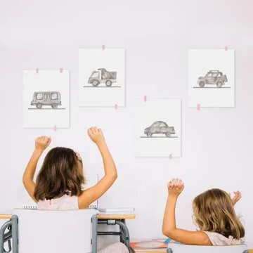 HRQKO Neutral Boys Cars Wall Art Poster Prints Set of 4, Boys Room Wall Decor, Grey Vehicle Artwork Printing Posters Wall Decor, Retro Transportation Prints for Toddler Room Playroom 8”x10” Unframed