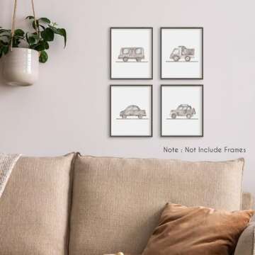 HRQKO Neutral Boys Cars Wall Art Poster Prints Set of 4, Boys Room Wall Decor, Grey Vehicle Artwork Printing Posters Wall Decor, Retro Transportation Prints for Toddler Room Playroom 8”x10” Unframed