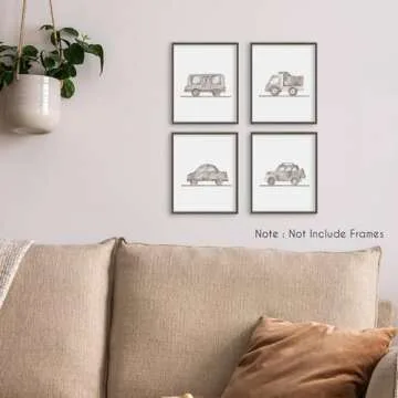 HRQKO Neutral Boys Cars Wall Art Poster Prints Set of 4, Boys Room Wall Decor, Grey Vehicle Artwork Printing Posters Wall Decor, Retro Transportation Prints for Toddler Room Playroom 8”x10” Unframed