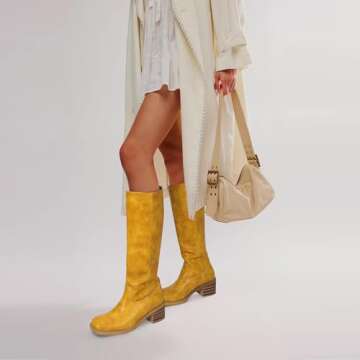 DOEYG Women's Knee High Boots Square Toe Riding Boots Chunky Block Heel Tall Motorcycle Boots Pull o...