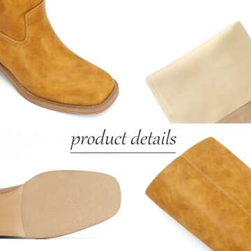 DOEYG Women's Knee High Boots Square Toe Riding Boots Chunky Block Heel Tall Motorcycle Boots Pull on Wide Calf Fashion Comfortable Biker Booties Yellow Size 7.5