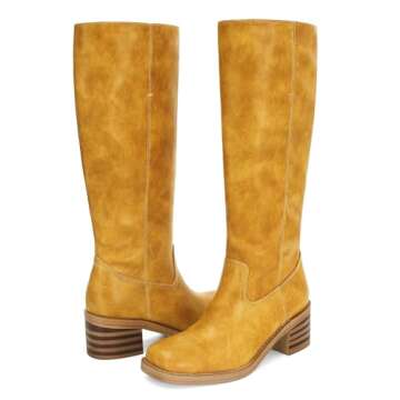 DOEYG Women's Knee High Boots Square Toe Riding Boots Chunky Block Heel Tall Motorcycle Boots Pull on Wide Calf Fashion Comfortable Biker Booties Yellow Size 7.5