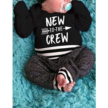Fommy Baby Boy Clothes Newborn Boy Clothes New to The Crew Outfits Long Sleeve Black Romper+Long Little Man Pants+Striped Hat 3PCS Newborn Boy Outfits