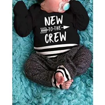 Fommy Baby Boy Clothes Newborn Boy Clothes New to The Crew Outfits Long Sleeve Black Romper+Long Little Man Pants+Striped Hat 3PCS Newborn Boy Outfits