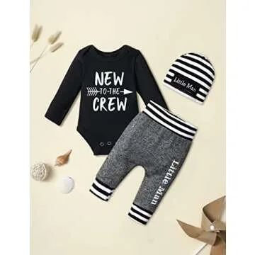 Fommy Baby Boy Clothes Newborn Boy Clothes New to The Crew Outfits Long Sleeve Black Romper+Long Little Man Pants+Striped Hat 3PCS Newborn Boy Outfits