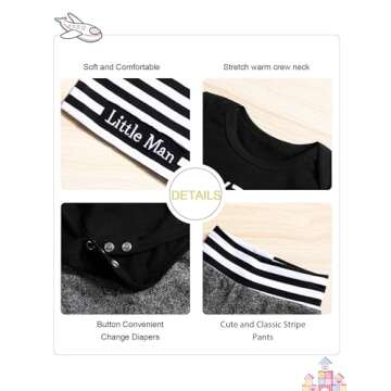Fommy Baby Boy Clothes Newborn Boy Clothes New to The Crew Outfits Long Sleeve Black Romper+Long Little Man Pants+Striped Hat 3PCS Newborn Boy Outfits