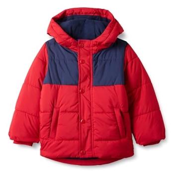 Amazon Essentials Boys' Heavyweight Hooded Puffer Jacket, Navy Red Color Block, Medium