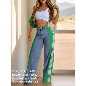 Angsuttc Womens Jeans with Patchwork Stripes High Waisted Stretchy Denim Color Block Straight Wide L...