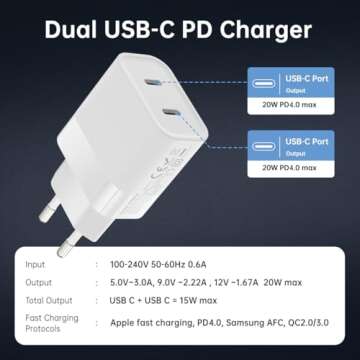 European Dual USB Type C Fast Charger Europe Travel Adapter for Apple iPhone 16 15 14 13 12 11 Pro M...