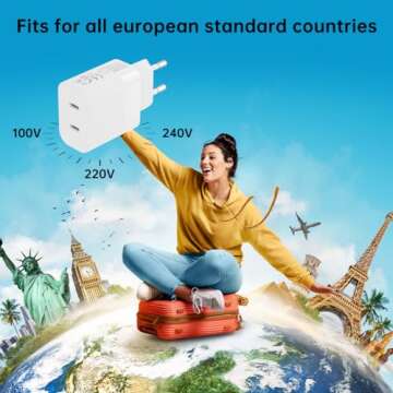 European Dual USB Type C Fast Charger Europe Travel Adapter for Apple iPhone 16 15 14 13 12 11 Pro Max SE iPad Samsung Pixel Moto EU Euro International Wall Plug France Spain Israel 40W PD PPS